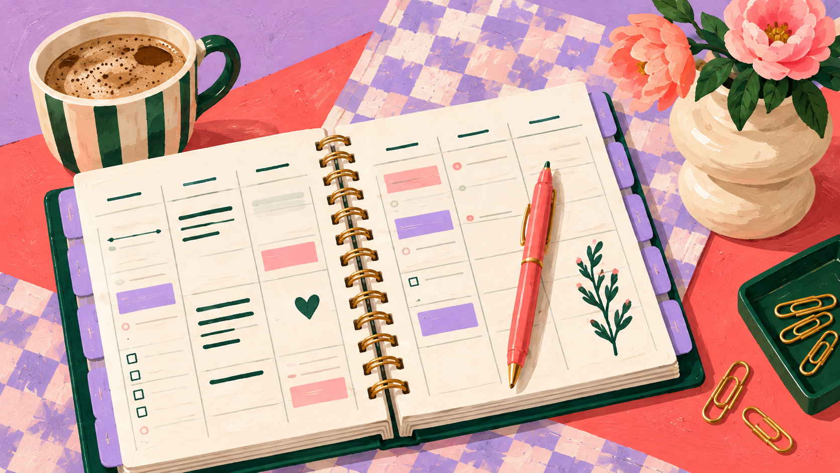 Painted open weekly planner with purple tabs, a coral pen, striped mug, flowers, and lavender gingham cloth.
