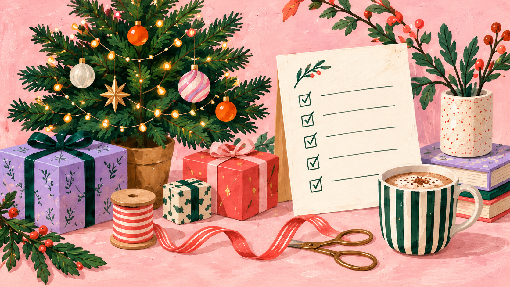Painted Christmas tree, gifts, and a holiday planning checklist.