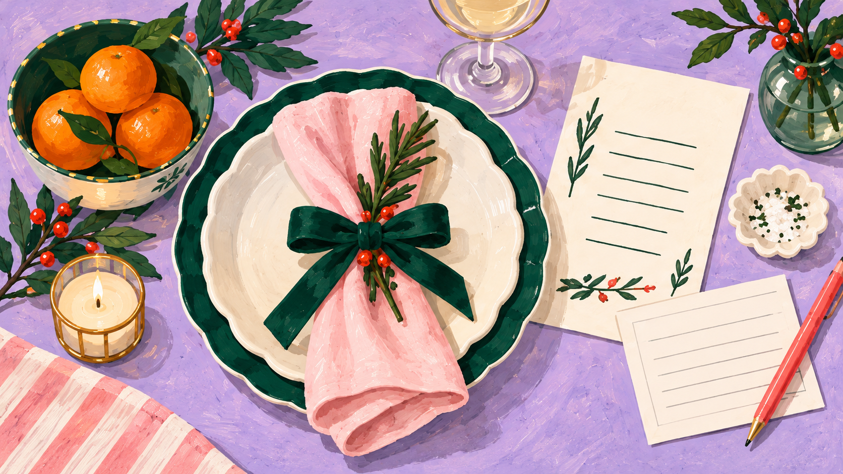 Painted holiday table with a green-rimmed plate, pink napkin, menu cards, oranges, and a lavender tablecloth.