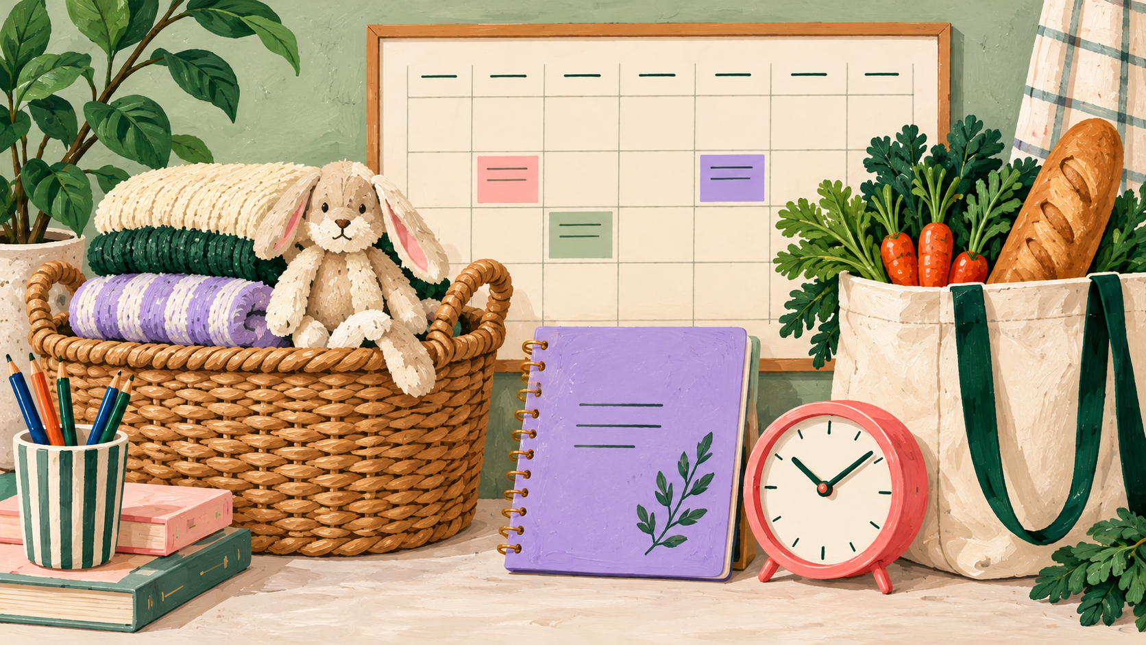 Painted family calendar, basket of folded towels and a toy bunny, grocery tote, lavender notebook, and coral clock.