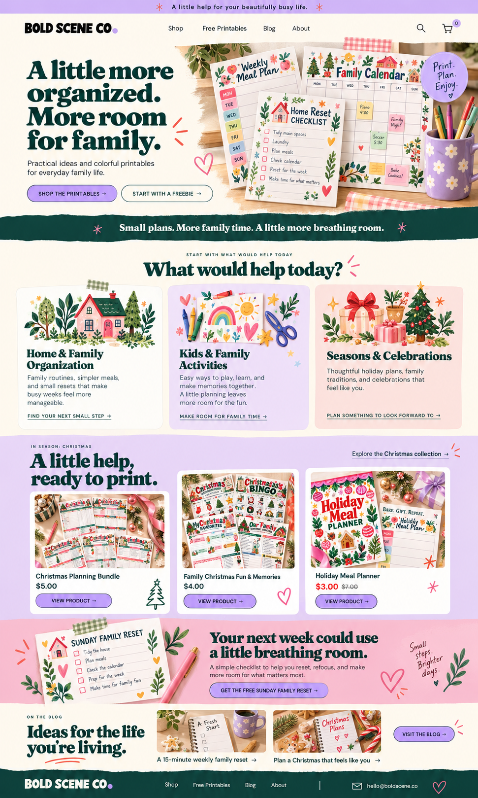 Layered weekly meal plan, home reset checklist and family calendar beside a lavender mug and pencils