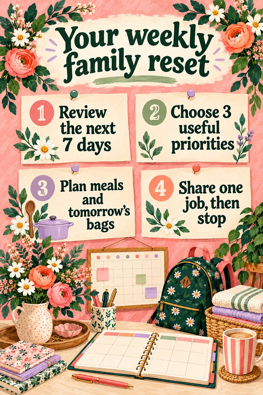Four steps for a weekly family reset: review the week, choose priorities, prepare meals and bags, share a job