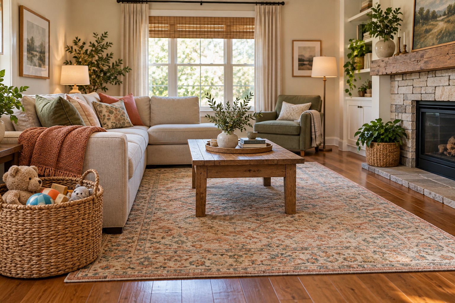 Living room with a broad toy basket and clear walkway Living room with a broad toy basket and clear walkway