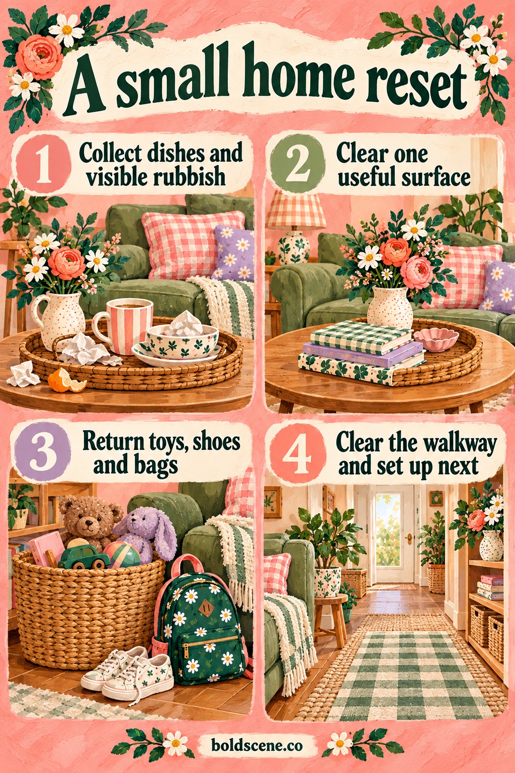 Illustrated quick-reference guide for 15-Minute Home Reset: 9 Things to Tidy When Time Is Short; the article explains the steps in detail Illustrated quick-reference guide for 15-Minute Home Reset: 9 Things to Tidy When Time Is Short; the article explains the steps in detail