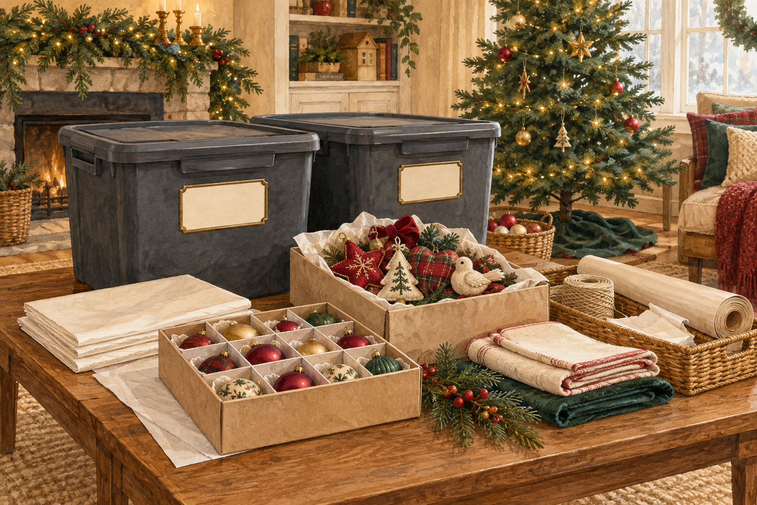 Watercolor illustration of a Christmas packing station with storage bins, soft decorations, and cushioning supplies.