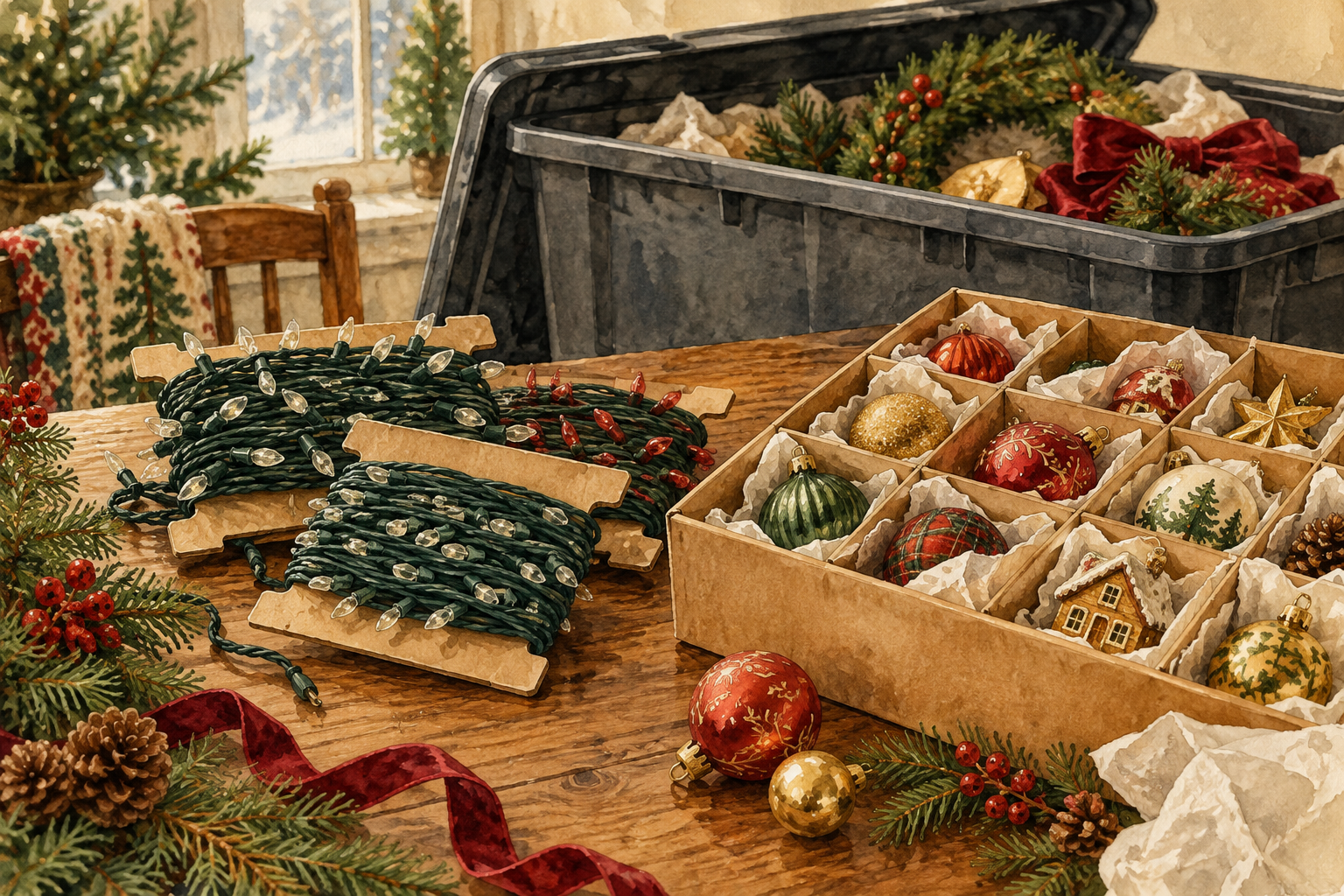 Watercolor illustration of lights wound on cardboard wraps beside cushioned Christmas ornaments.