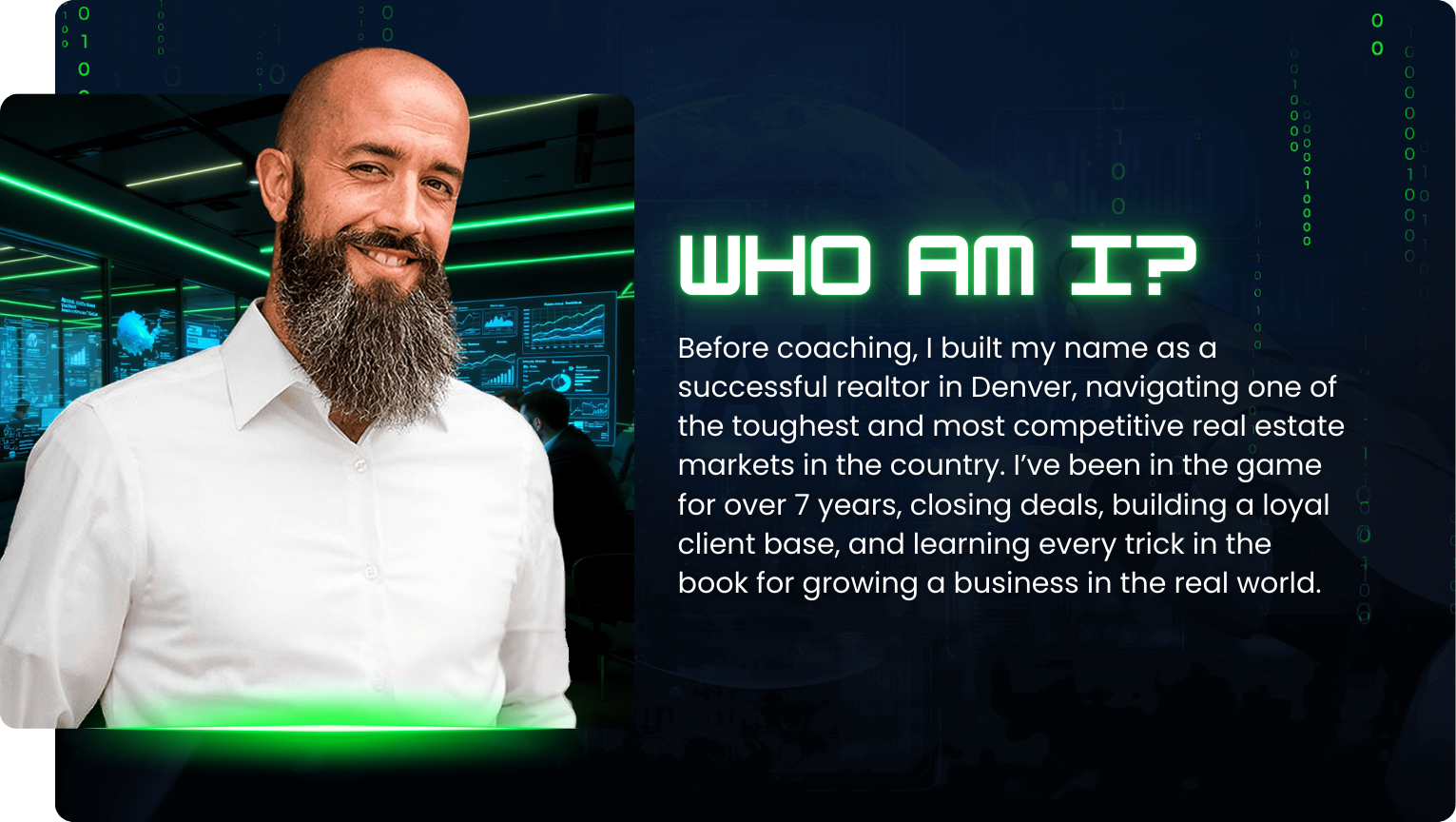 Adam Gillespie smiling in a white shirt, introducing himself as a successful Denver realtor with over 7 years of real estate experience