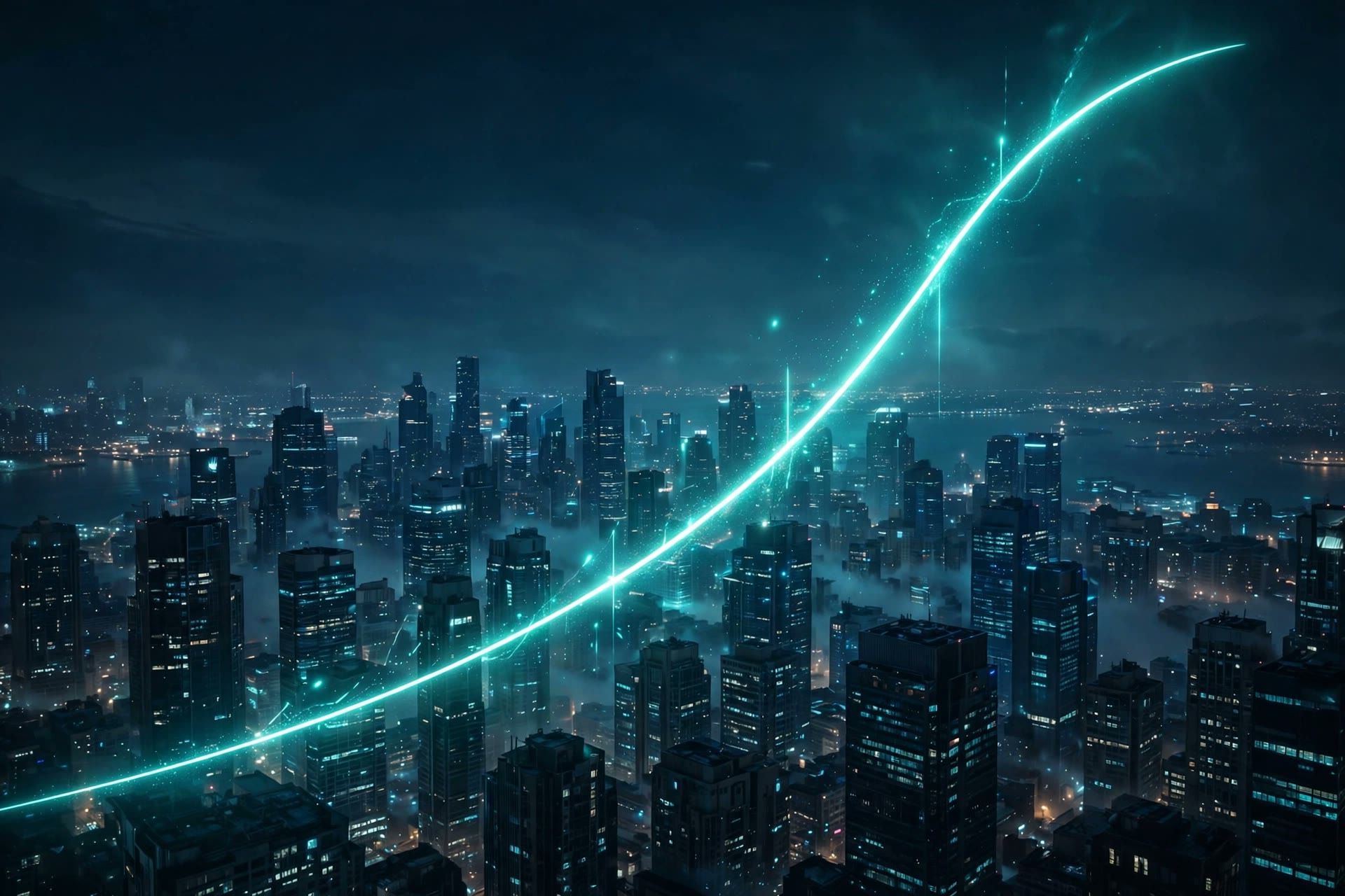A glowing growth arc rising over a city skyline at night