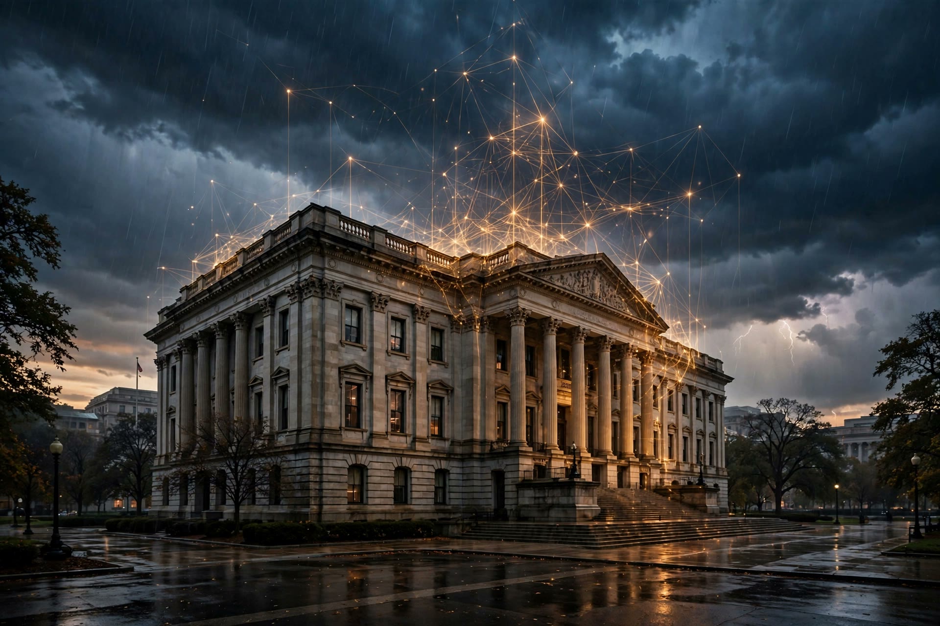 A federal building under a storm sky with a glowing AI network above it