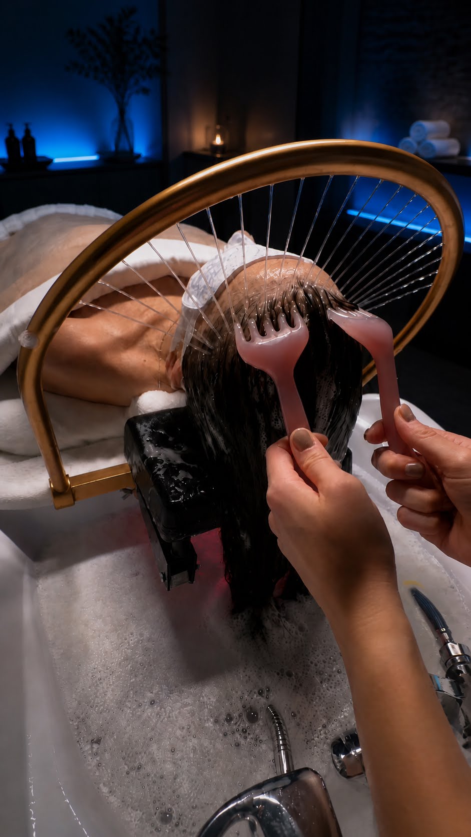 Japanese Head Spa scalp ritual with warm water rinse at Merlan Salon, Boutique and Spa