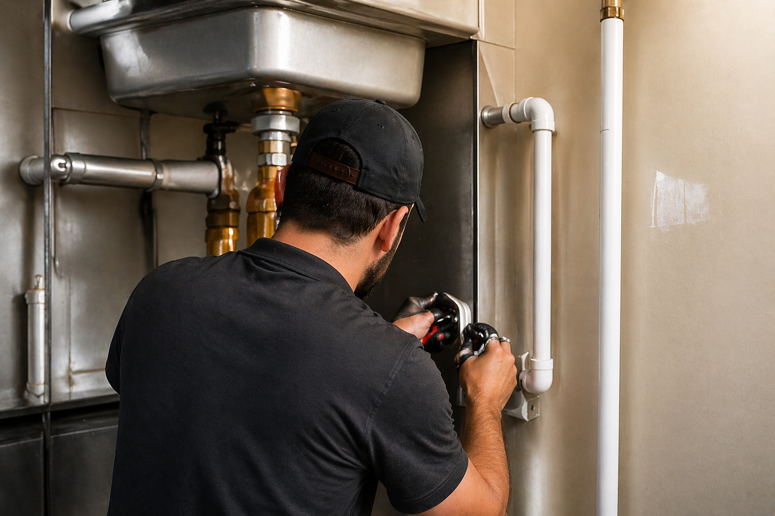 Technician working under a sink
