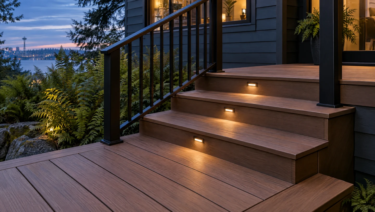 Generated Auburn deck design illustration — AI deck concept showing stairs, black railings and warm step lighting