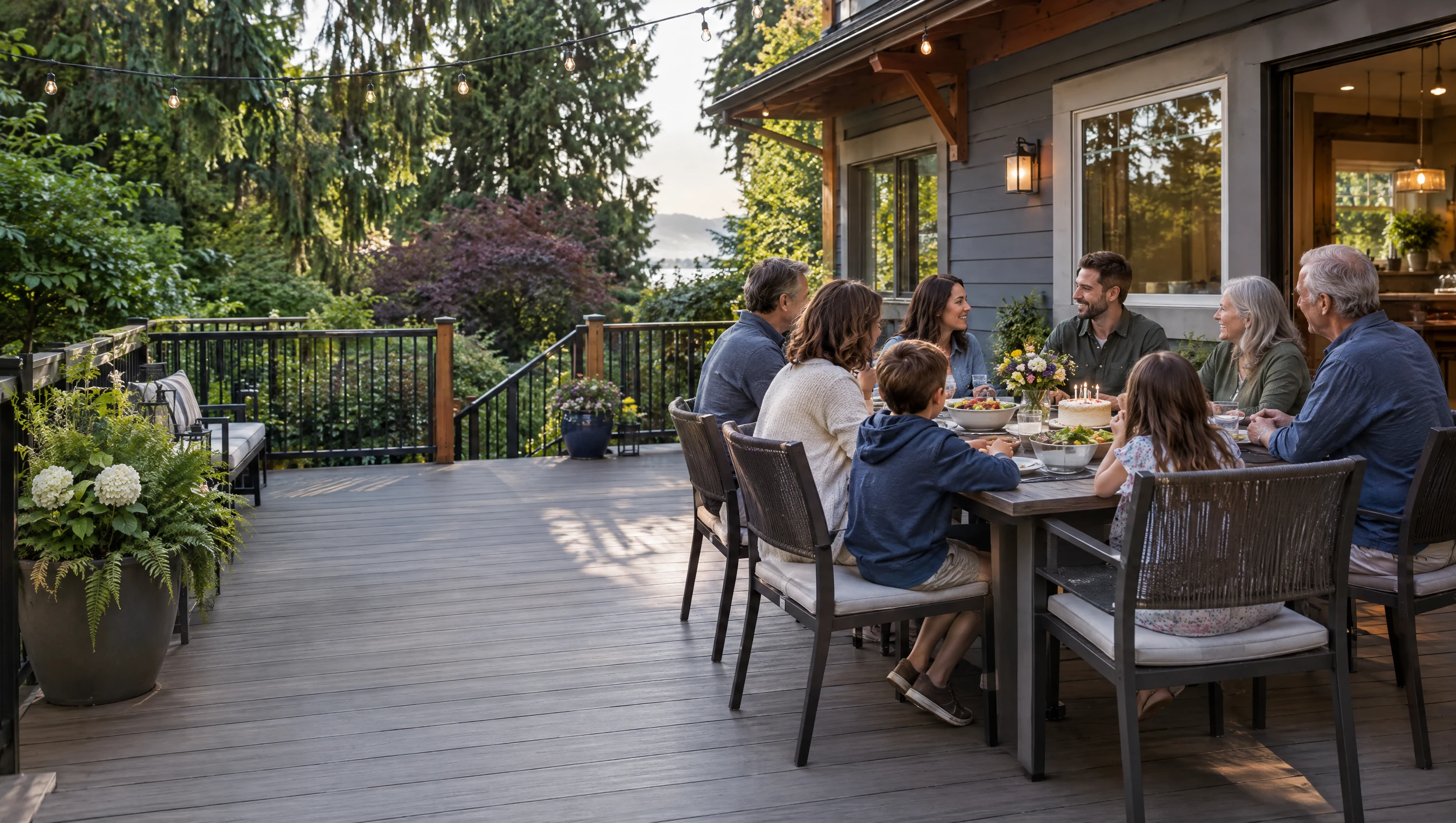 Generated Auburn deck design illustration — a family gathering on a deck