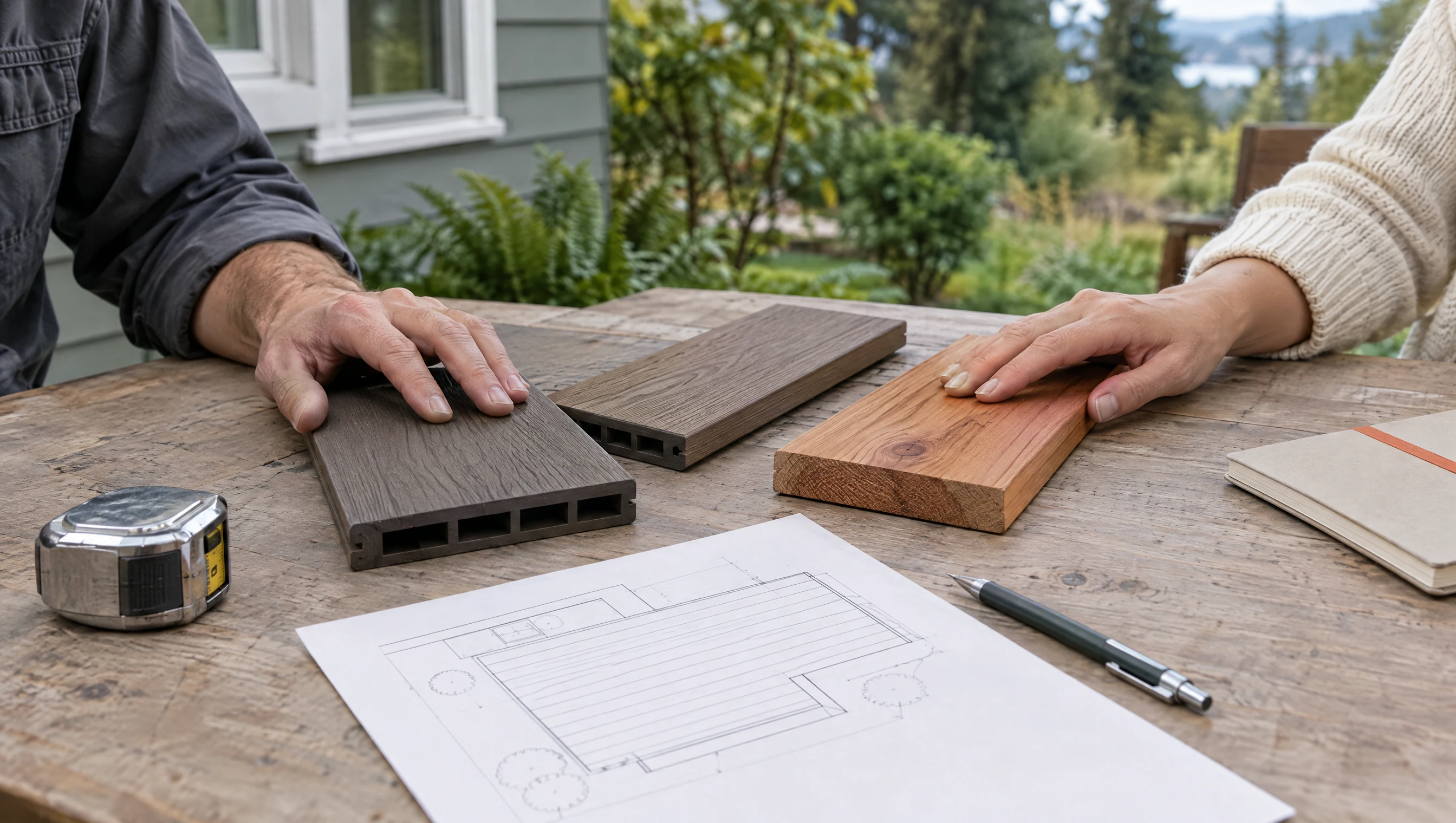 Generated Auburn deck design illustration — hands comparing deck samples and a plan, not actual staff