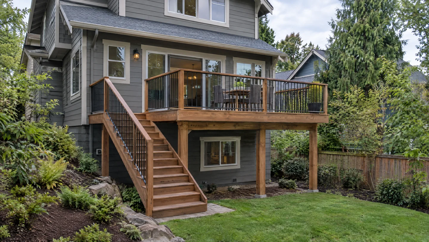 Generated Auburn deck design illustration — AI elevated deck concept with support posts and stairs