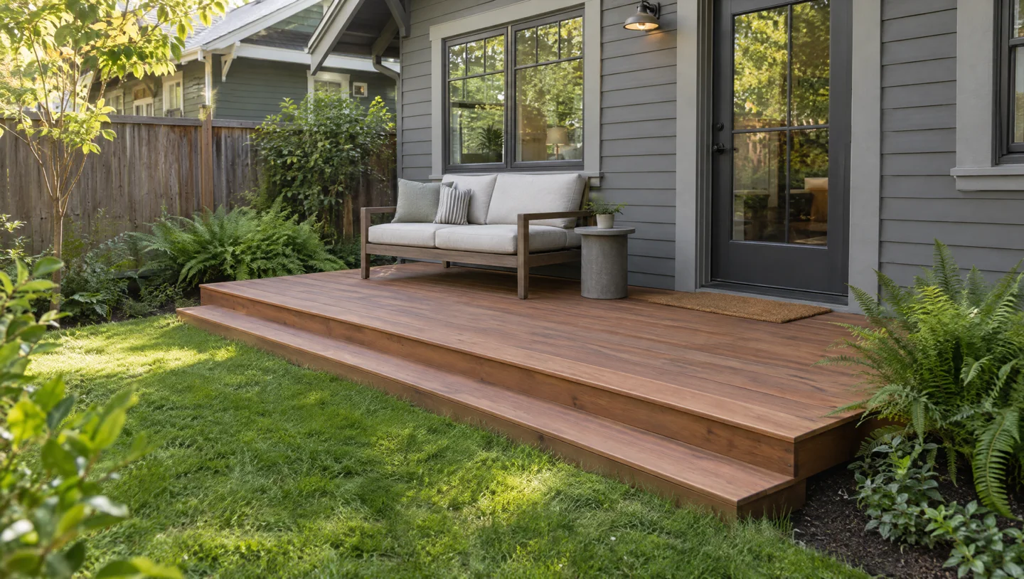 Generated Auburn deck design illustration — a compact new ground-level deck