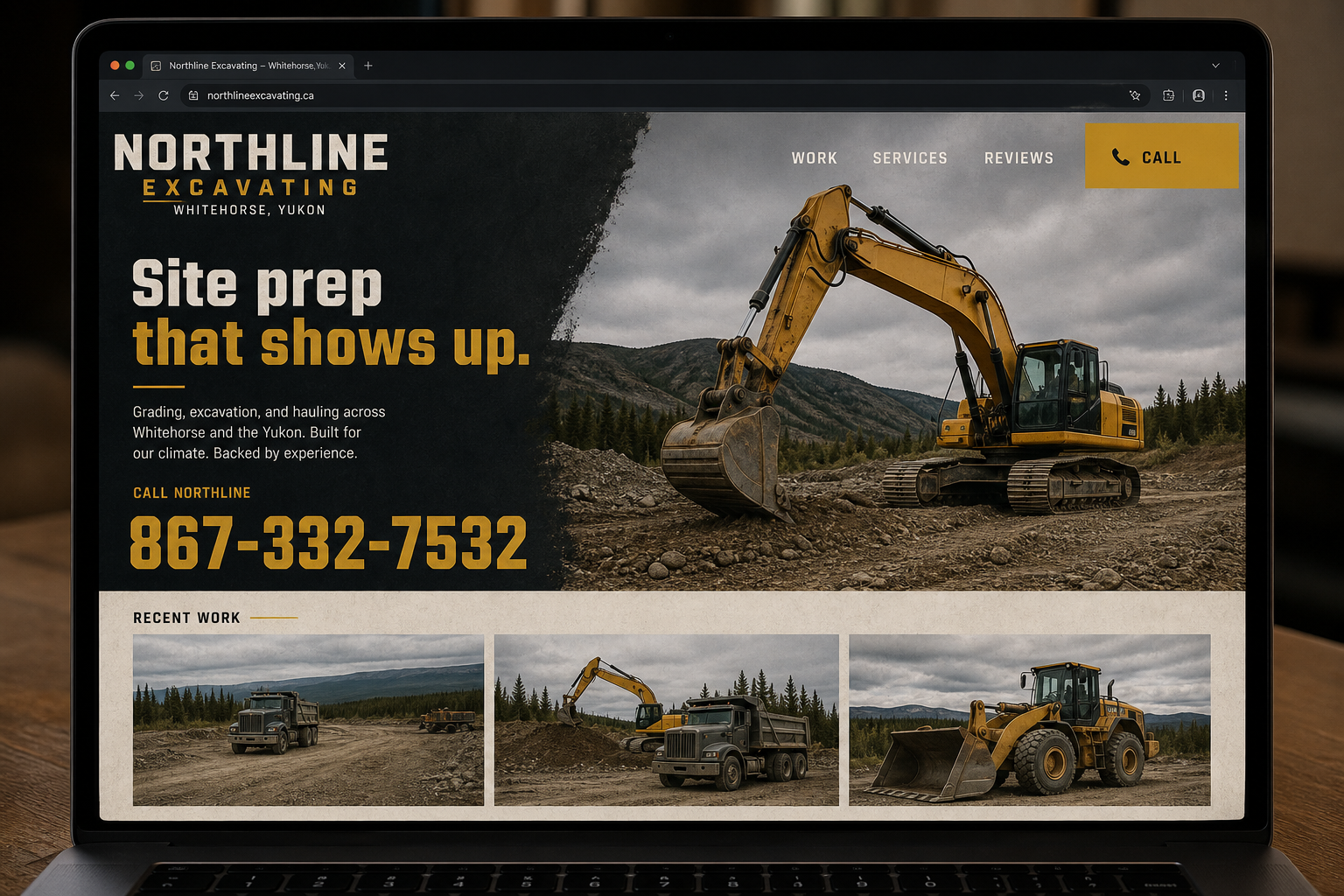 Bid-Ready Site example: a contractor homepage with iron photos and a phone number on the hero