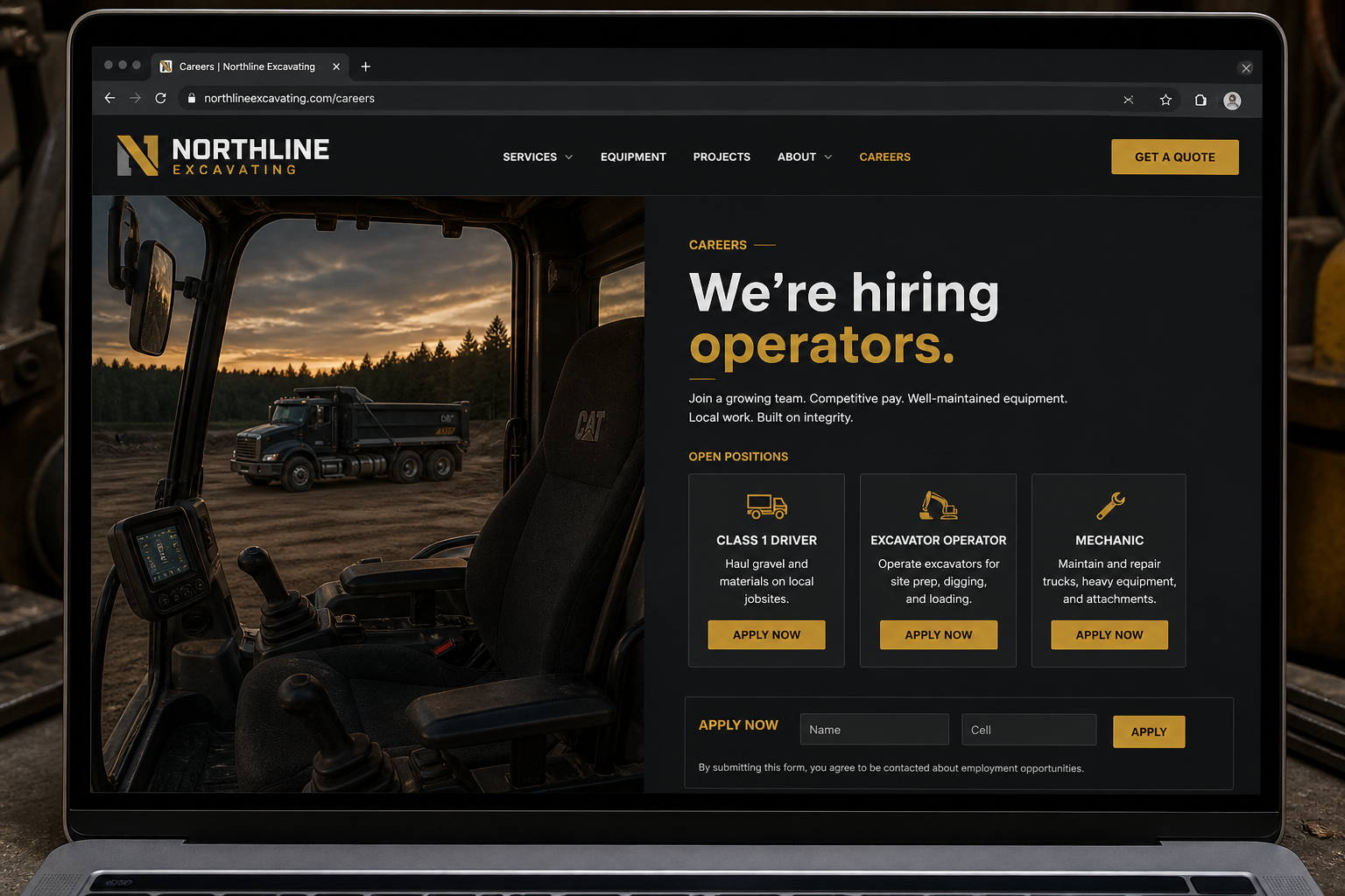 Hiring Engine example: a trades careers page with open seats and apply
