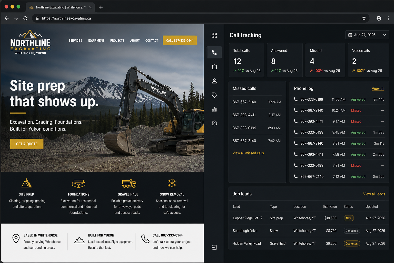 Full Rig example: contractor website beside call tracking and job leads