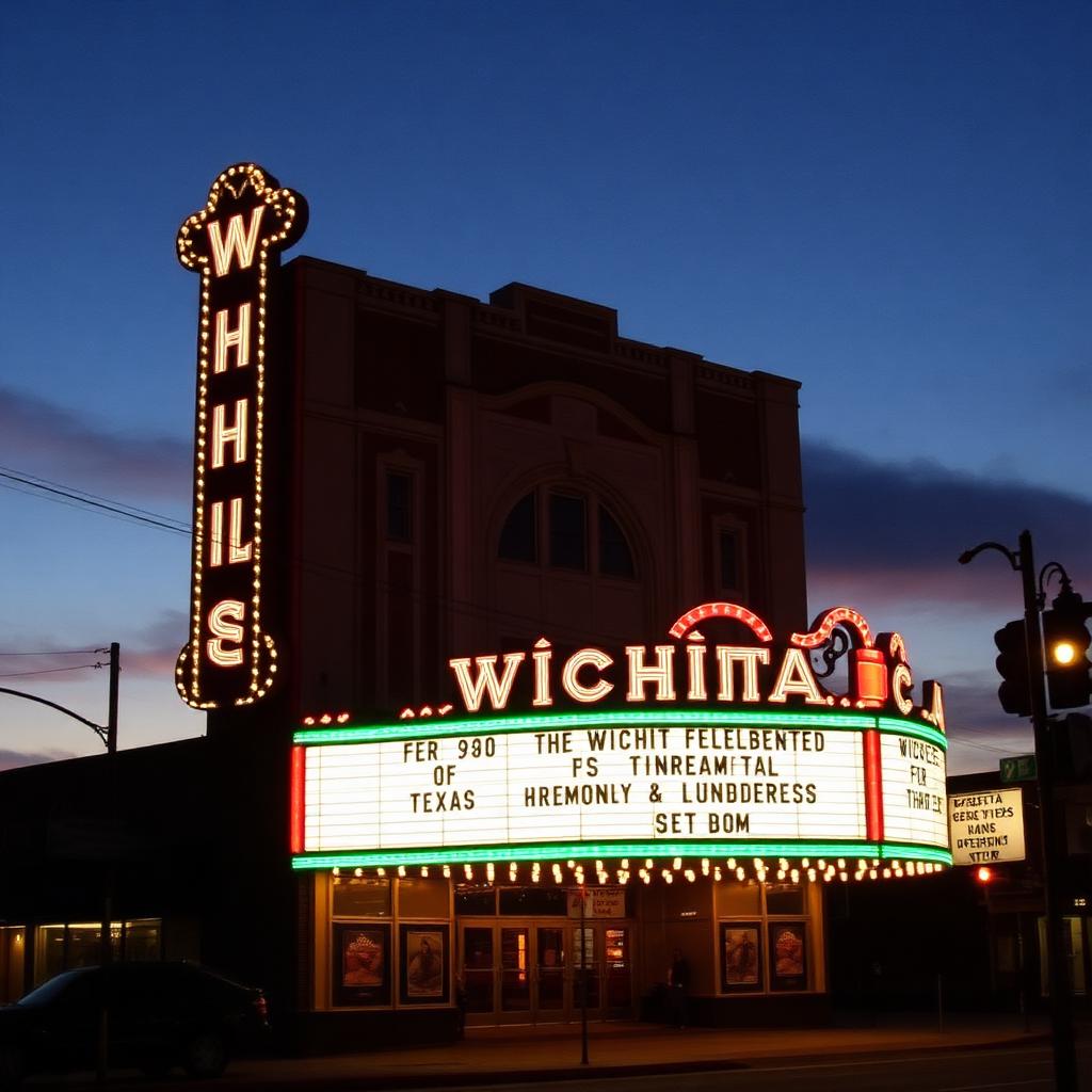 Wichita Theatre marquee lit up at night