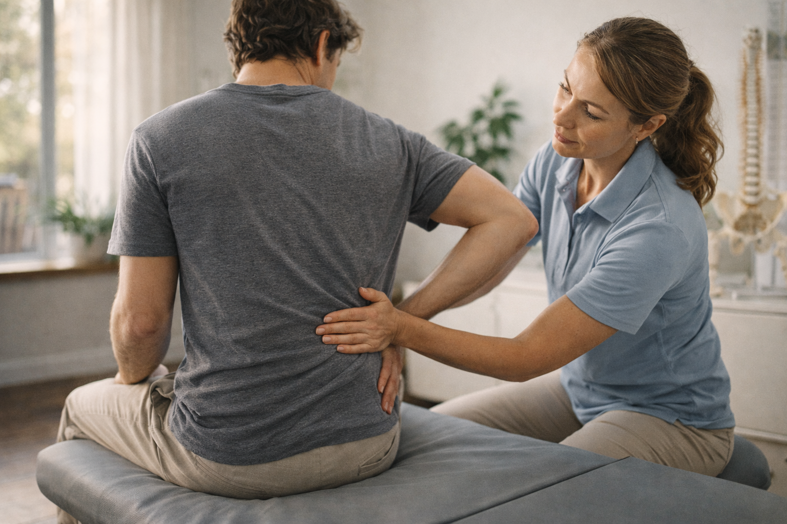 Physiotherapist guiding patient through lower back pain exercises in Surrey, BC Physiotherapist guiding patient through lower back pain exercises in Surrey, BC