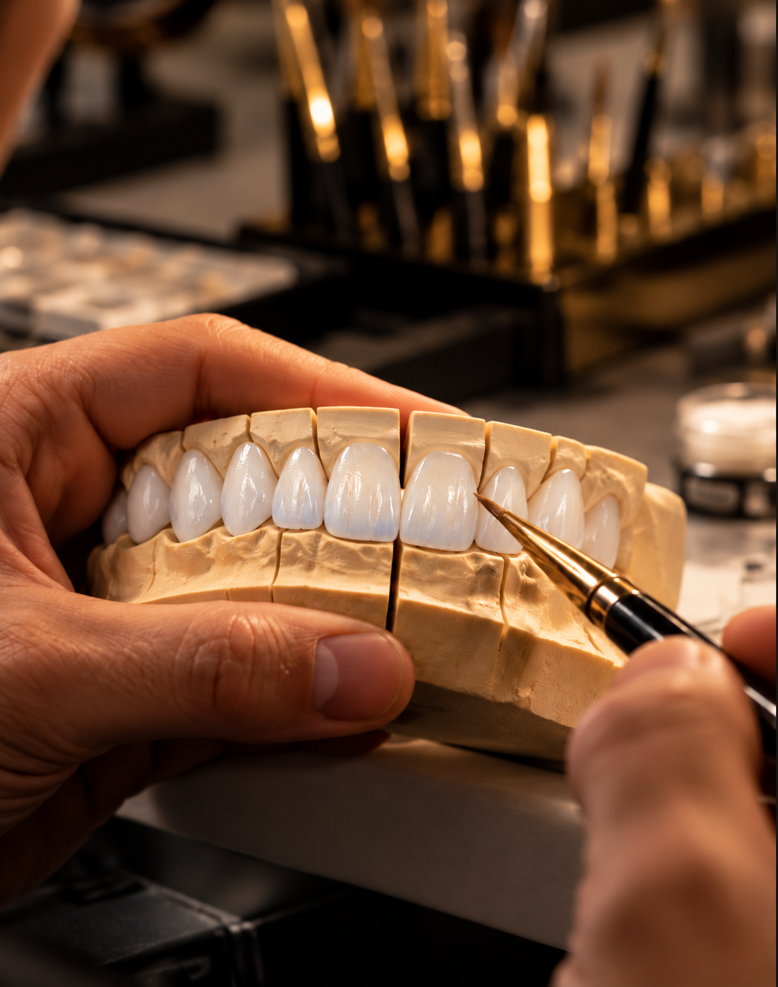 Master dental ceramist refining porcelain veneers