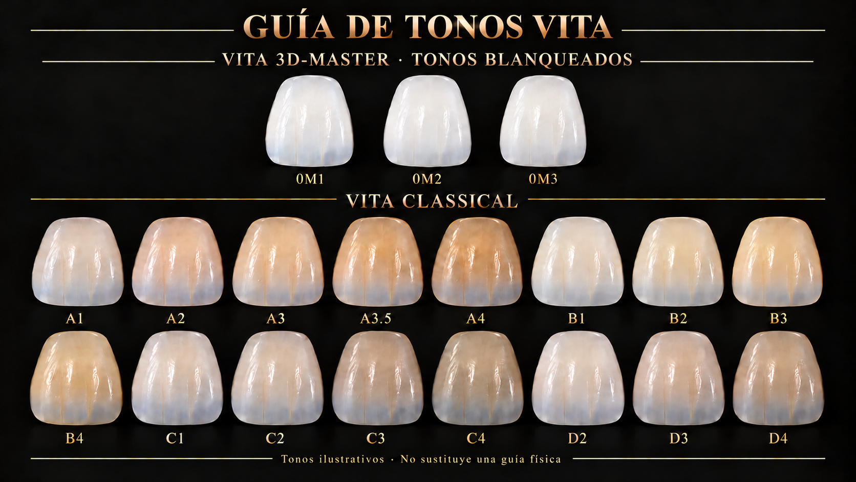 Guía ilustrativa de tonos de porcelana con los tonos de blanqueamiento 0M1, 0M2 y 0M3 sobre los dieciséis tonos VITA Classical