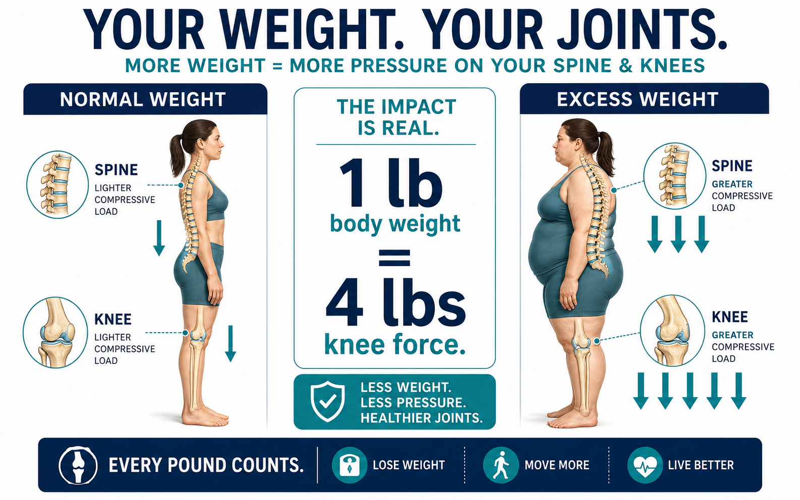 diagram showing how excess body weight increases spinal and knee joint compression force diagram showing how excess body weight increases spinal and knee joint compression force