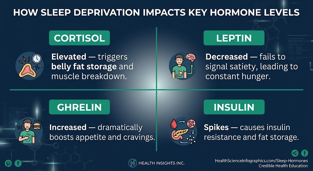 Infographic showing how sleep deprivation disrupts cortisol leptin ghrelin and insulin — weight loss hormones explained by Dr. Colgin.