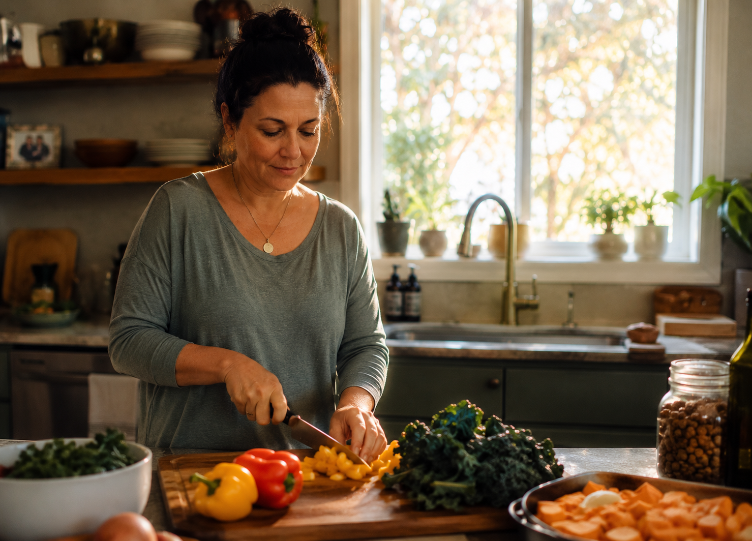 real person chopping colorful vegetables at kitchen counter with warm evening light, sustainable healthy eating real person chopping colorful vegetables at kitchen counter with warm evening light, sustainable healthy eating