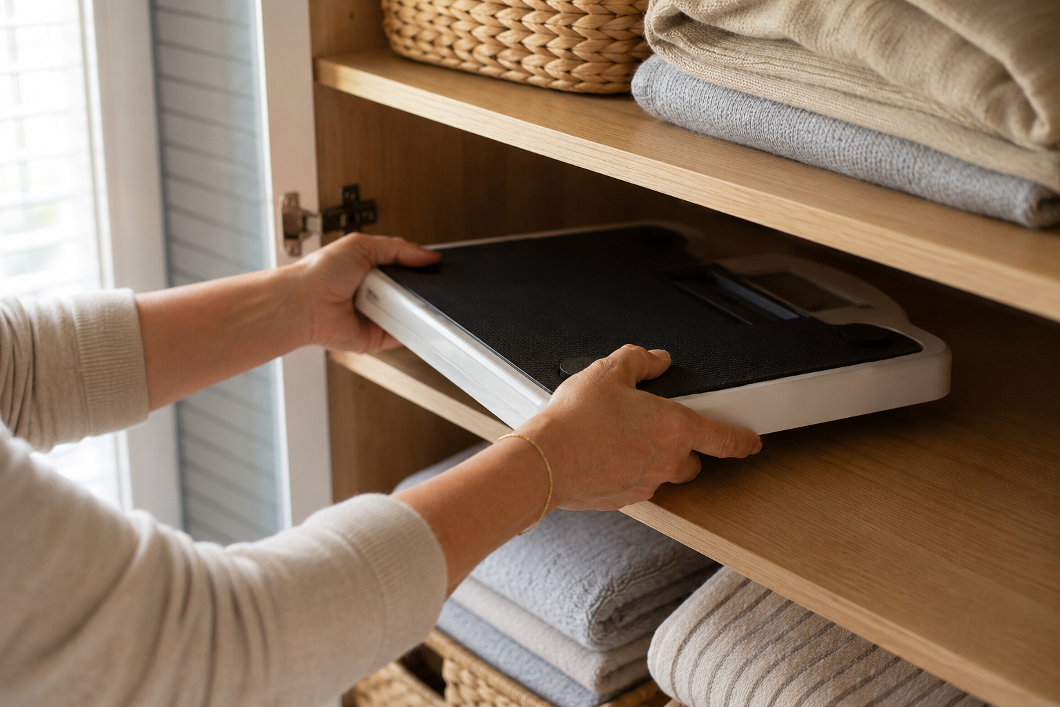 real woman placing bathroom scale face-down on a shelf choosing freedom from daily weigh-ins real woman placing bathroom scale face-down on a shelf choosing freedom from daily weigh-ins