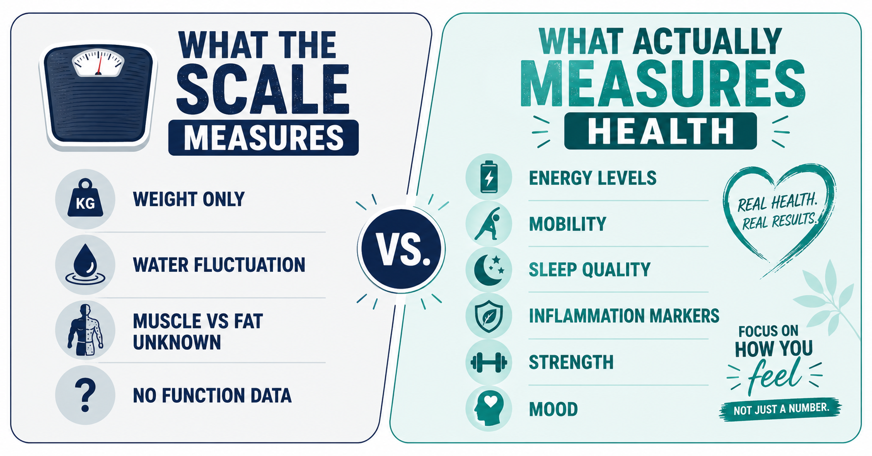 Side-by-side comparison graphic: weight-focused metrics vs health-focused metrics for body confidence, Dr. Colgin Henderson NV Side-by-side comparison graphic: weight-focused metrics vs health-focused metrics for body confidence, Dr. Colgin Henderson NV