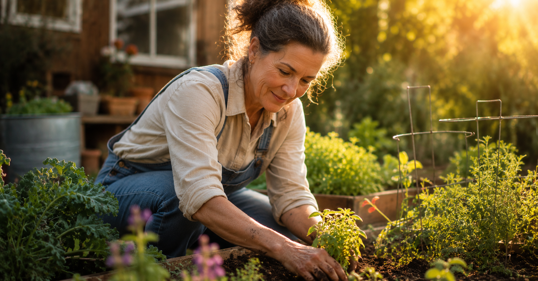 Woman gardening in late afternoon golden light, kneeling comfortably in her yard — active confident life after wellness program Woman gardening in late afternoon golden light, kneeling comfortably in her yard — active confident life after wellness program