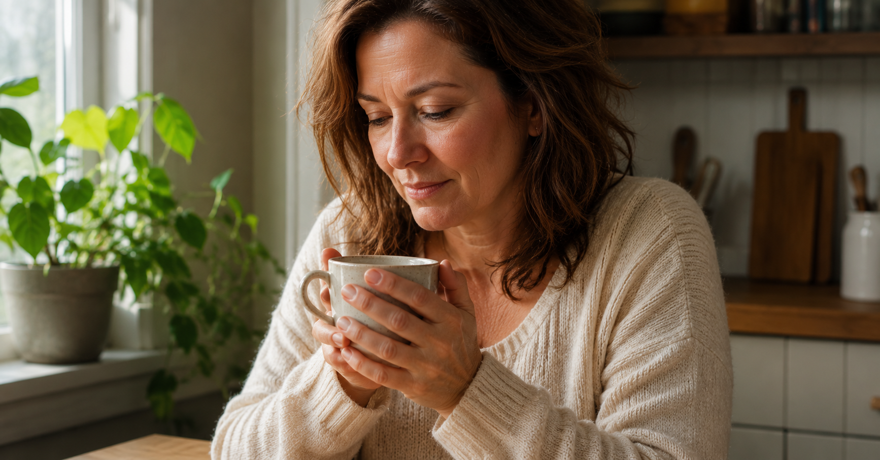 Woman sitting quietly at a kitchen table with hands around a warm coffee cup, soft morning light, self-compassion and wellness journey Woman sitting quietly at a kitchen table with hands around a warm coffee cup, soft morning light, self-compassion and wellness journey