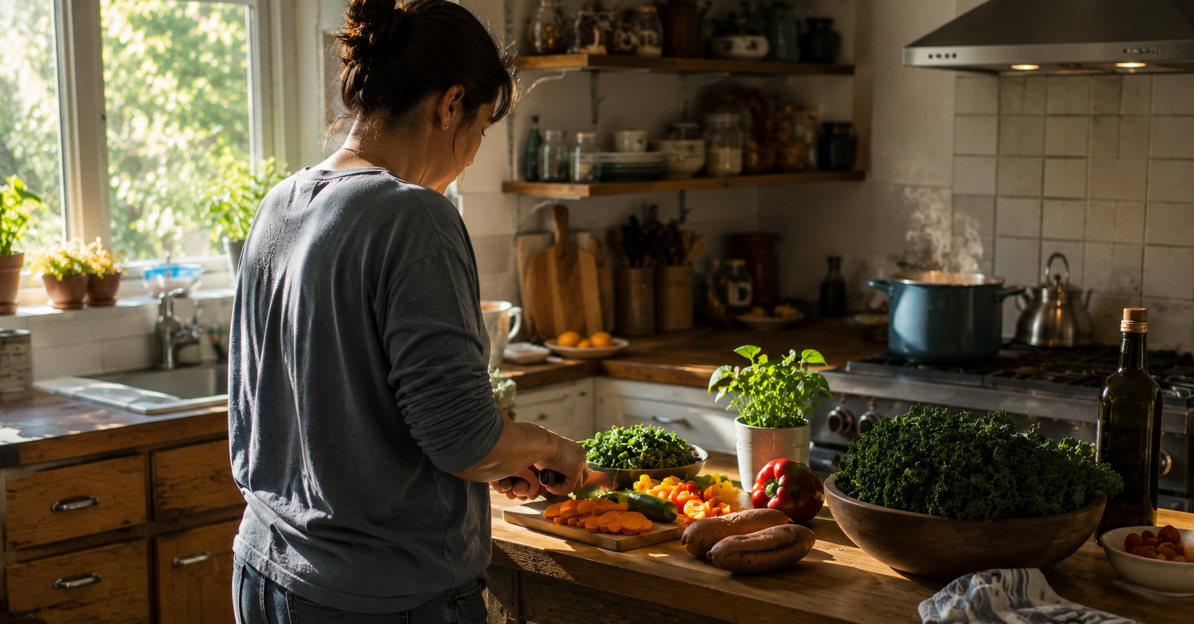 Person cooking a colorful healthy meal in a bright kitchen, representing metabolic health transformation through weight loss