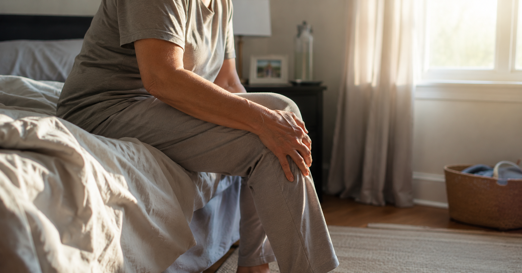 Person sitting on edge of bed in morning light rubbing sore knee, representing daily joint pain from excess weight