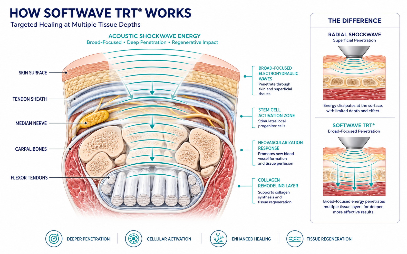 illustrated cross-section of wrist anatomy showing SoftWave TRT shockwave penetration depth into tendons and carpal tunnel
