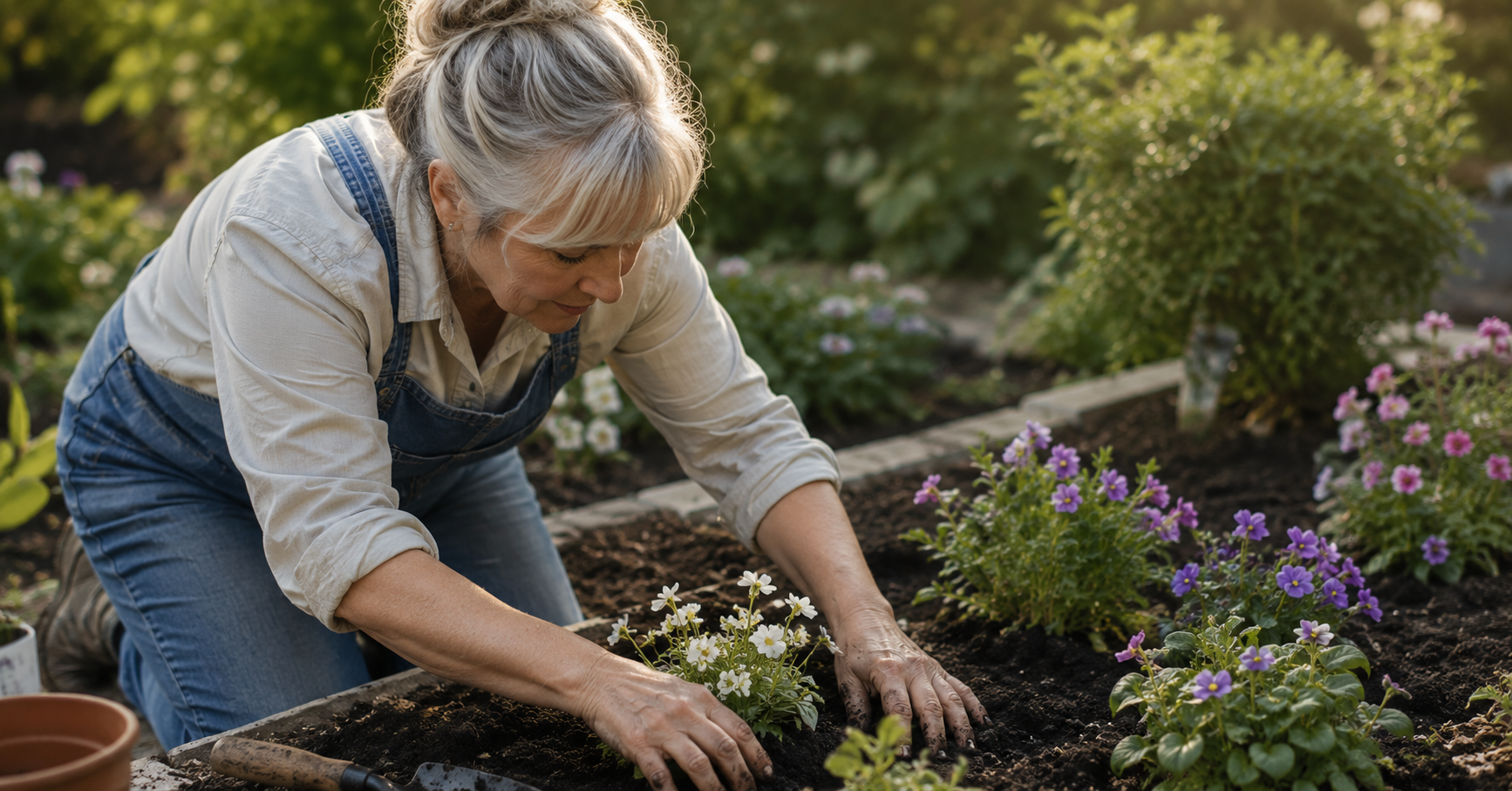older woman gardening with hands in soil pain-free after SoftWave TRT wrist treatment Henderson NV