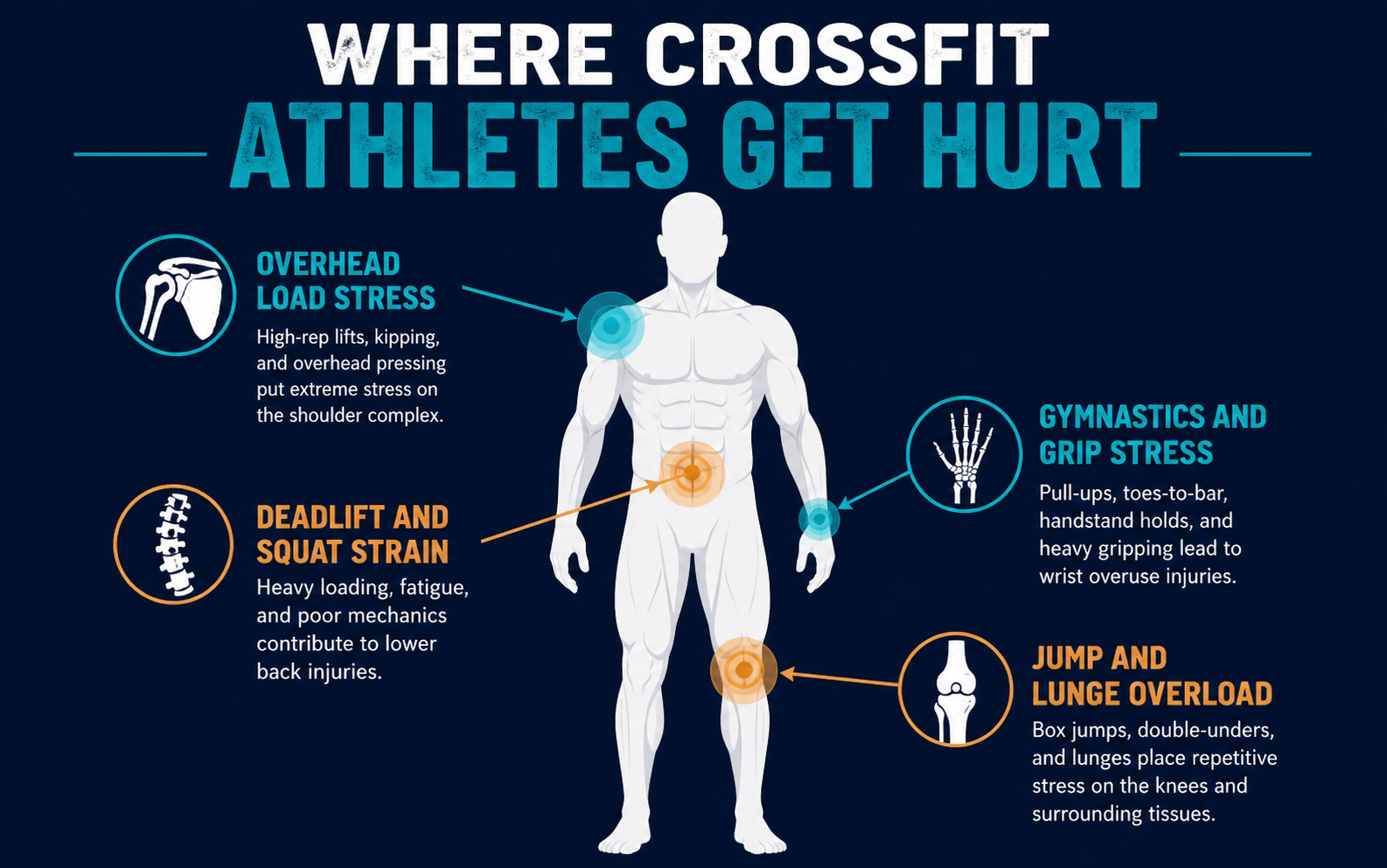 Annotated CrossFit injury map showing shoulder lumbar spine and knee as primary injury zones, Henderson NV chiropractic athlete care
