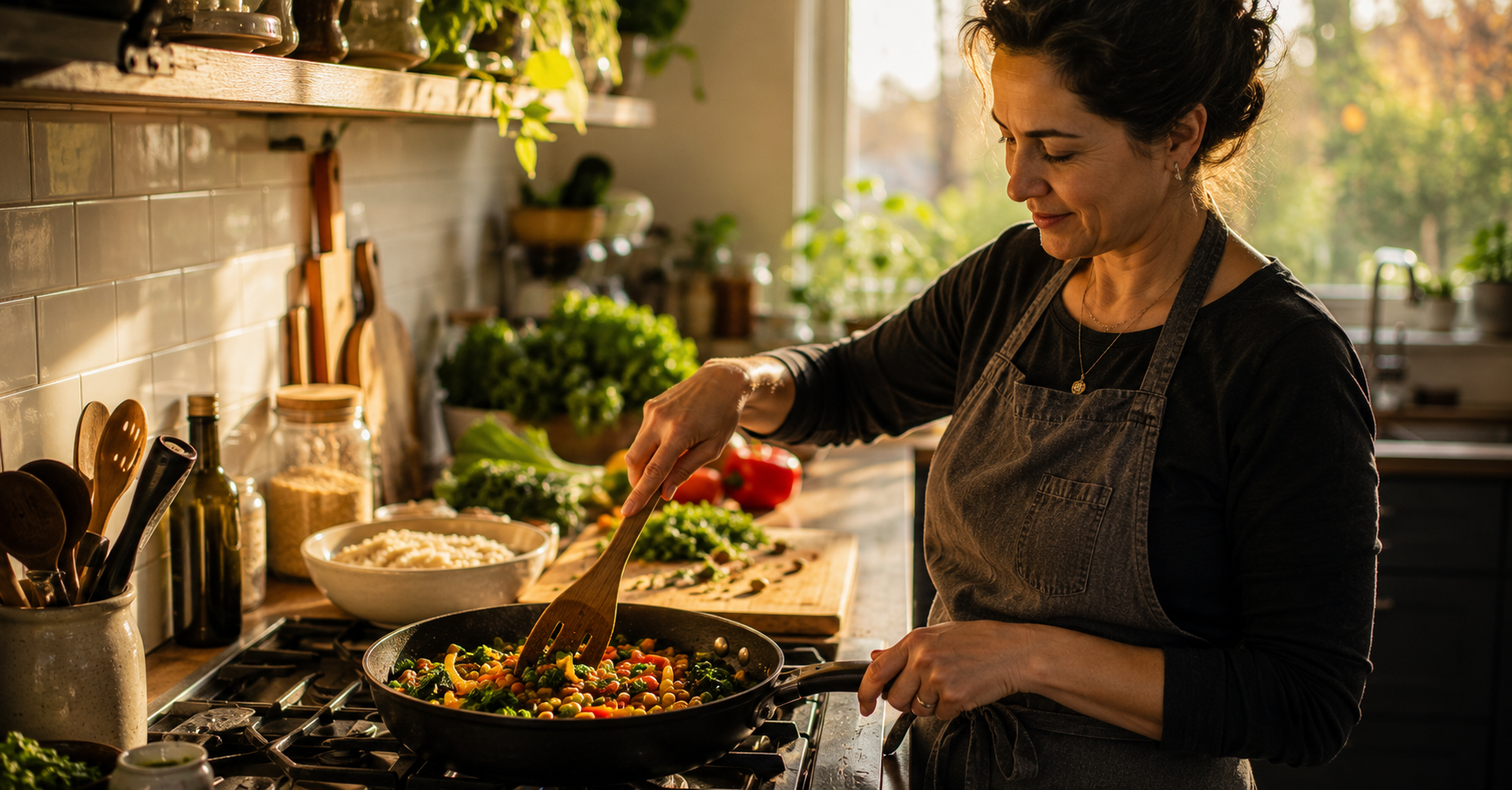 Person cooking colorful low-GI meal at home with fresh vegetables legumes and whole grains, healthy metabolic eating Las Vegas NV