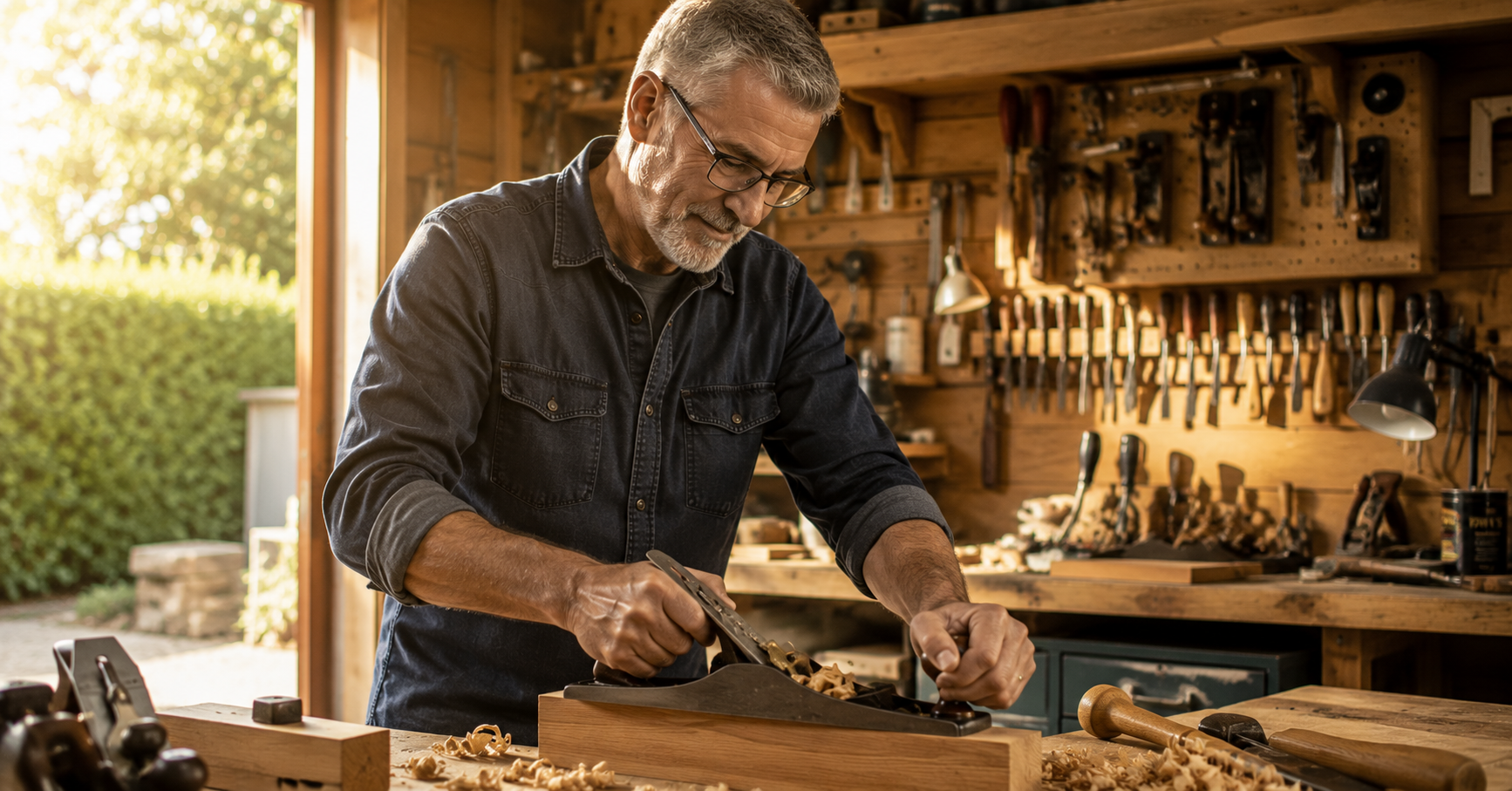 Active adult using hand tools at workbench with strong confident grip, golfer's elbow recovery Henderson NV chiropractic