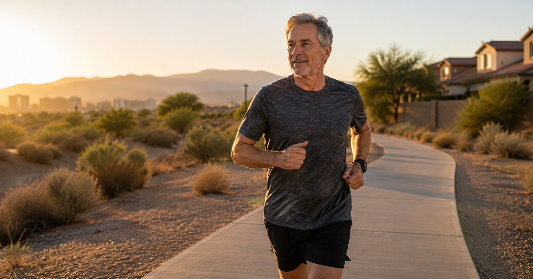 Active man in his 60s running on a trail at sunrise, chronic pain recovery shockwave therapy Henderson NV Active man in his 60s running on a trail at sunrise, chronic pain recovery shockwave therapy Henderson NV
