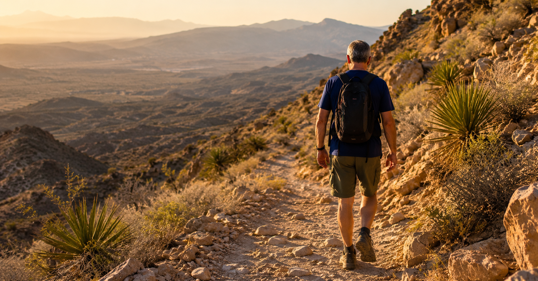 man in his late 40s hiking outdoors on a desert trail, recovered from back pain without surgery Henderson NV
