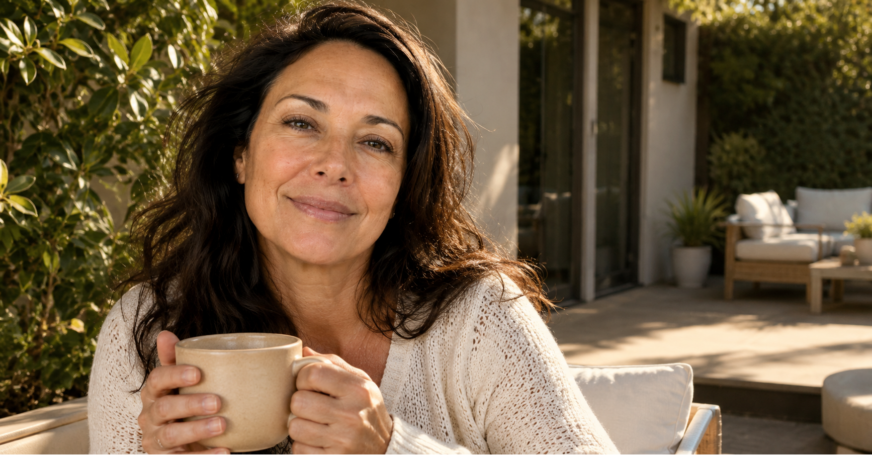 Real woman in her 40s with healthy glowing skin reflecting red light therapy wellness results Las Vegas NV Real woman in her 40s with healthy glowing skin reflecting red light therapy wellness results Las Vegas NV