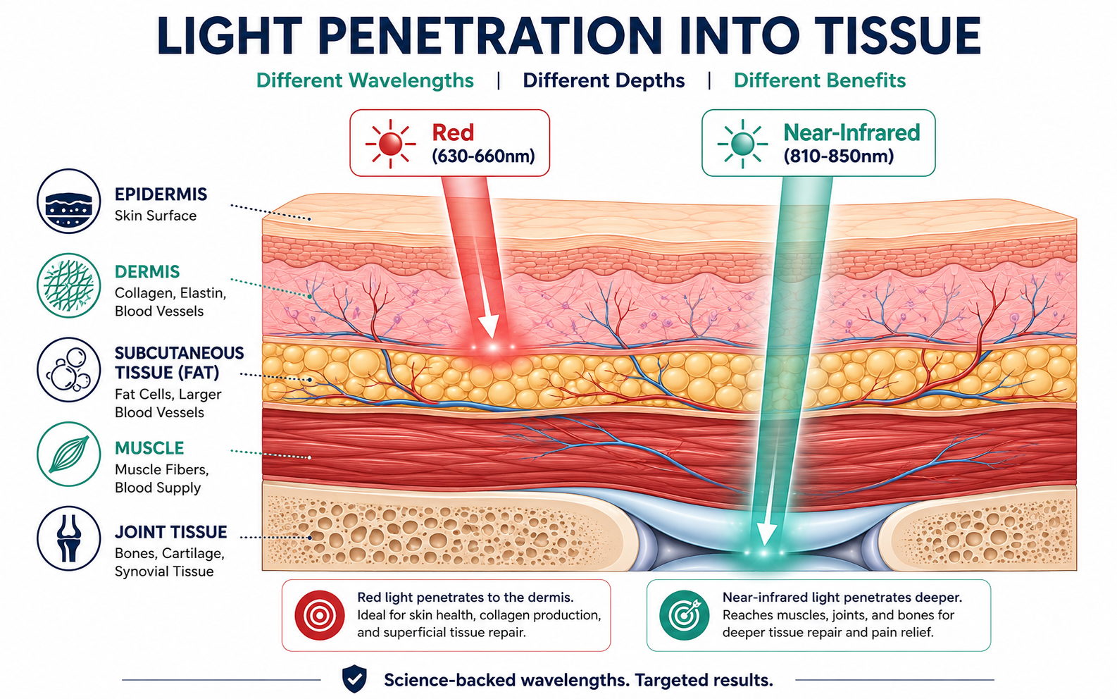 Red light therapy wavelength diagram showing red 630-660nm and near-infrared 810-850nm skin and tissue penetration depth Red light therapy wavelength diagram showing red 630-660nm and near-infrared 810-850nm skin and tissue penetration depth