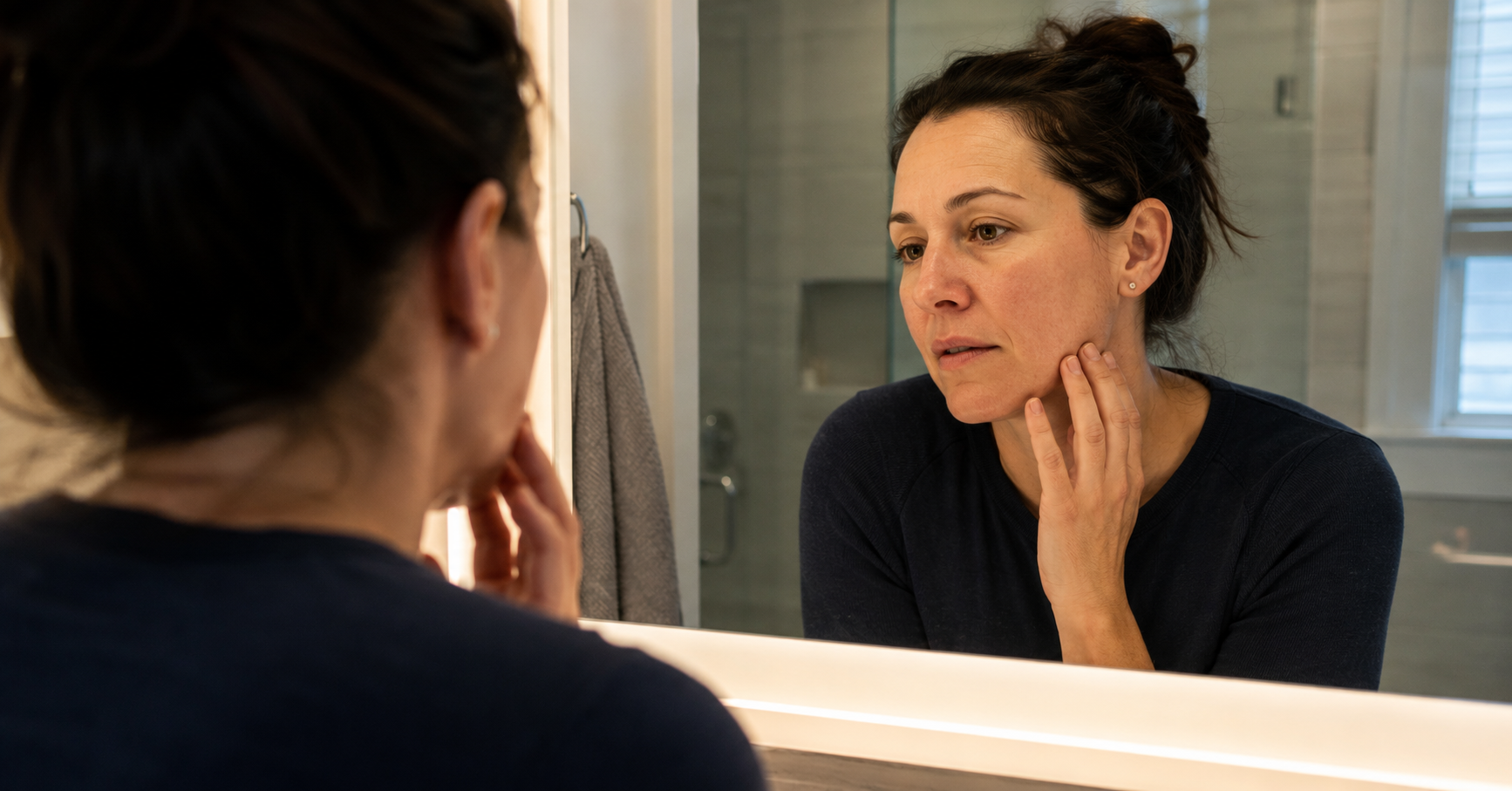woman checking skin in bathroom mirror calm clear skin red light therapy results Henderson NV