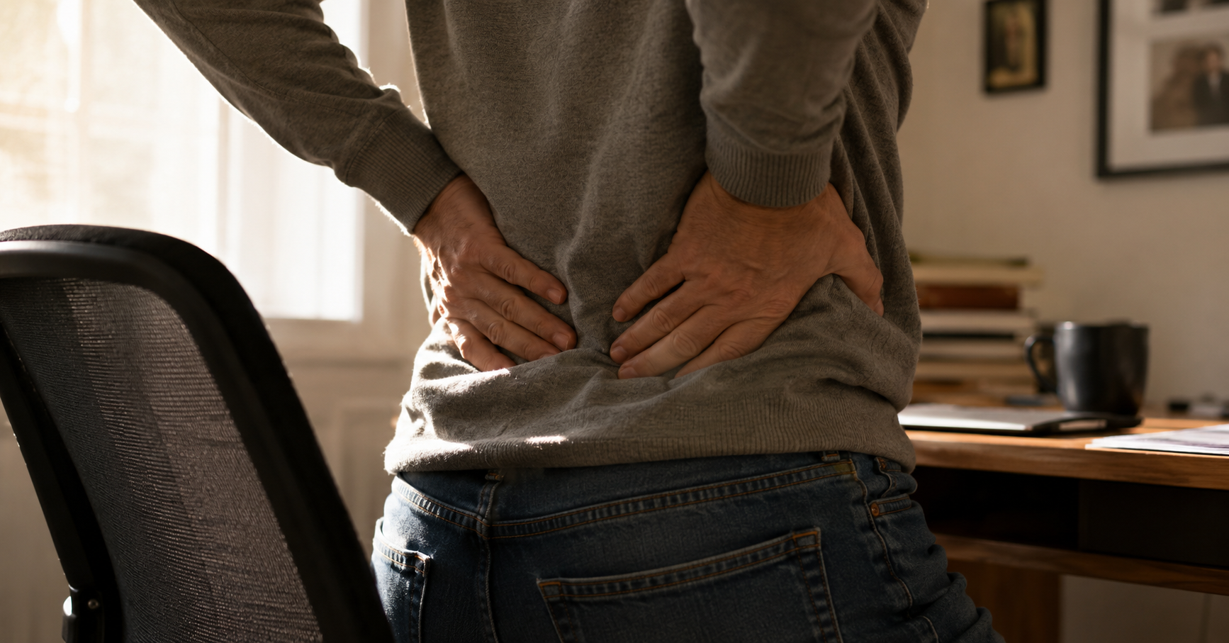 Close view of hands pressing into a lower back while standing up from a desk chair in Las Vegas NV Close view of hands pressing into a lower back while standing up from a desk chair in Las Vegas NV