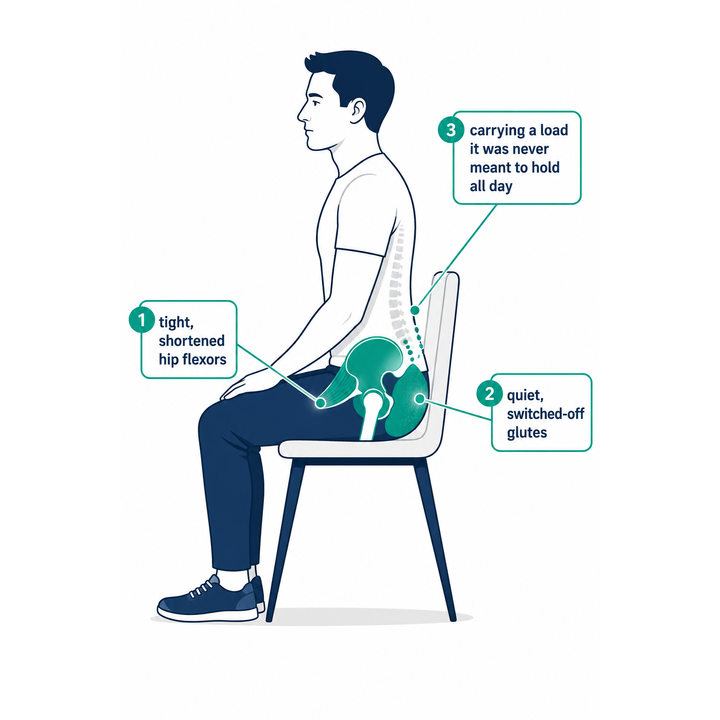 Infographic showing how prolonged sitting tightens hip flexors weakens glutes and loads the low back" SEO file name: sitting-back-pain-muscle-imbalance-infographic Infographic showing how prolonged sitting tightens hip flexors weakens glutes and loads the low back" SEO file name: sitting-back-pain-muscle-imbalance-infographic