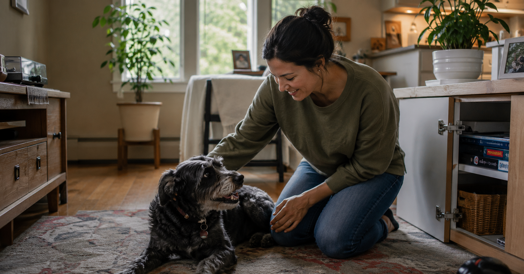 Person kneeling comfortably on the kitchen floor playing with a dog without back pain Person kneeling comfortably on the kitchen floor playing with a dog without back pain