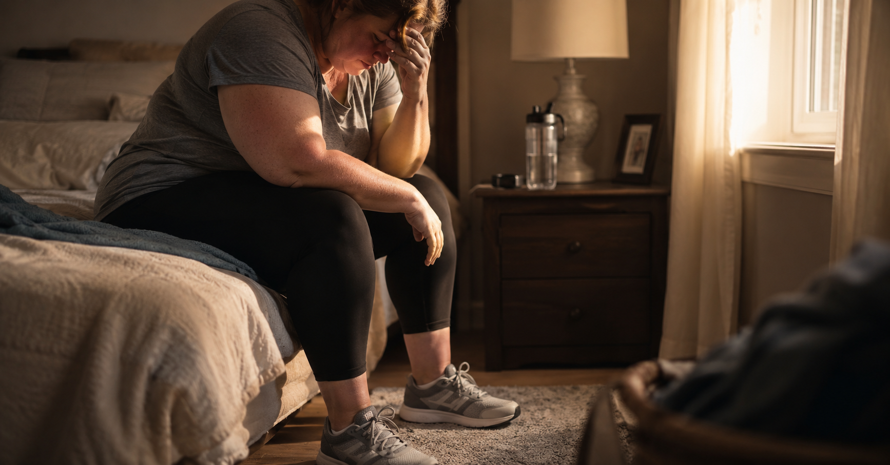 Tired woman sitting on the edge of her bed at dawn in Henderson NV, the quiet exhaustion of doing everything right and still struggling Tired woman sitting on the edge of her bed at dawn in Henderson NV, the quiet exhaustion of doing everything right and still struggling